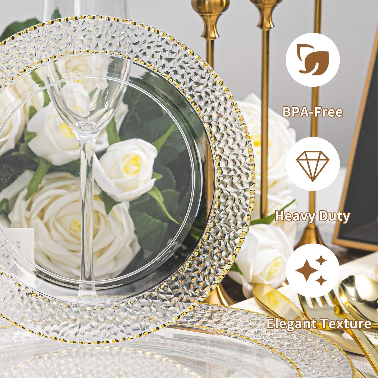 100PCS Clear Plastic Plates, Heavy Duty Disposable Plastic Plate with Gold Ri…