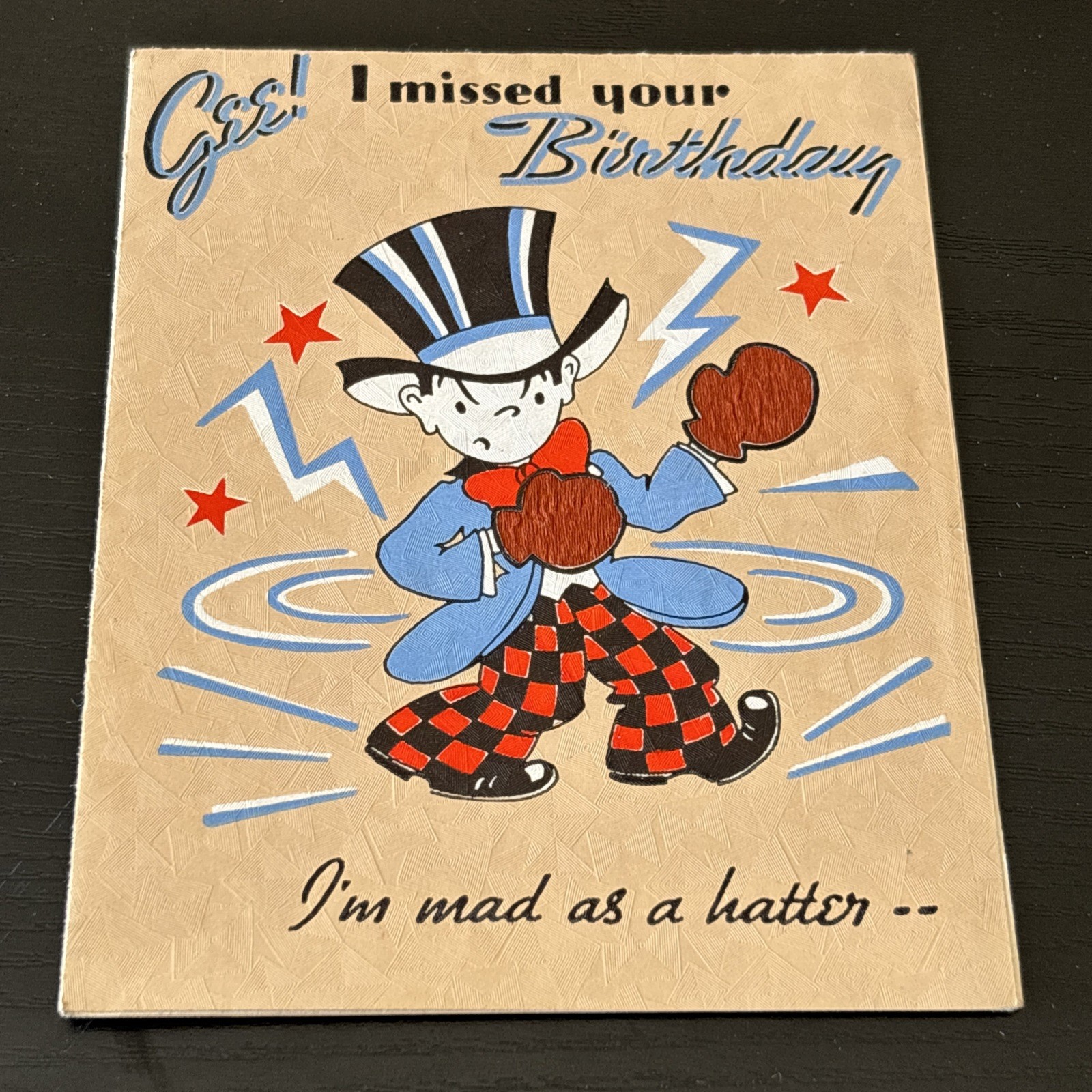 1938 Missed Birthday Card Mad Hatter Fighter Boxer Top Hat Party Art Deco 30s