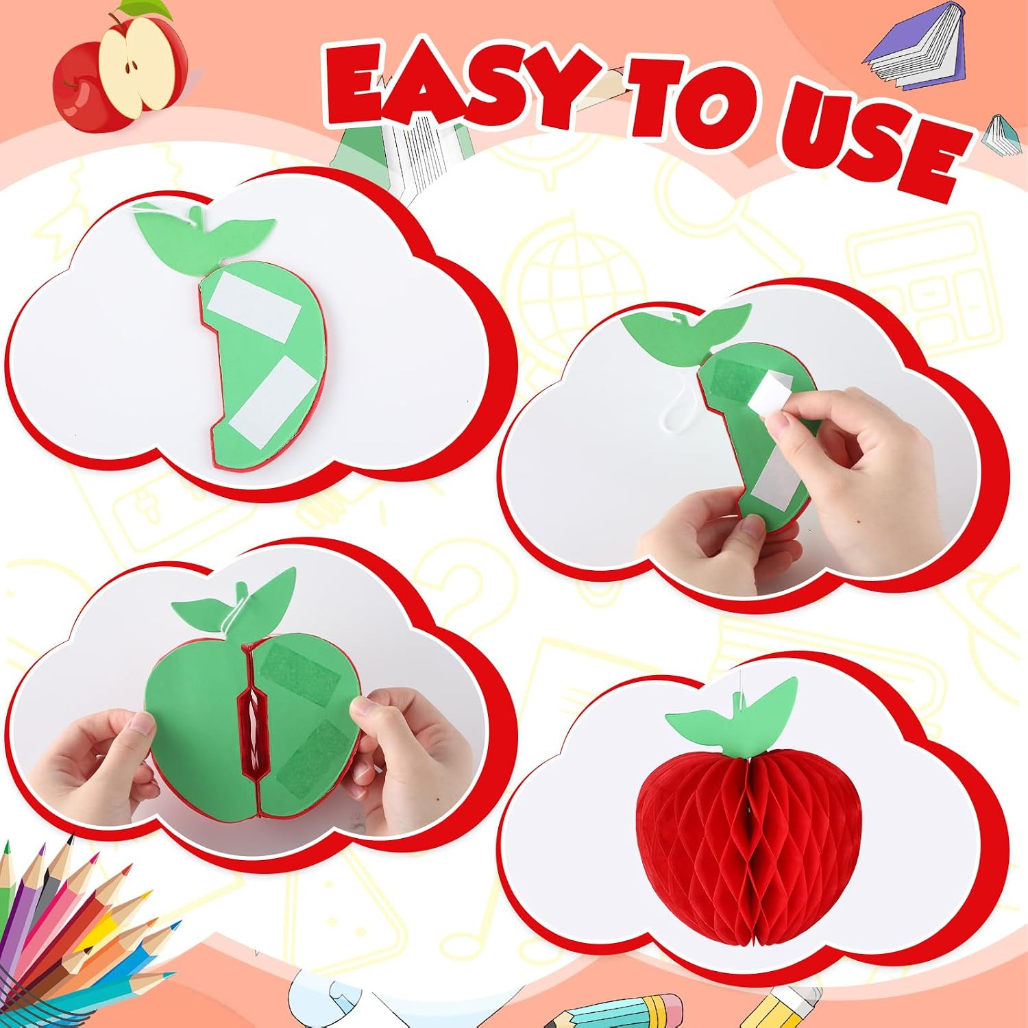 13Pcs Back to School Hanging Decorations Pencil Apple Hanging Honeycombs Classro