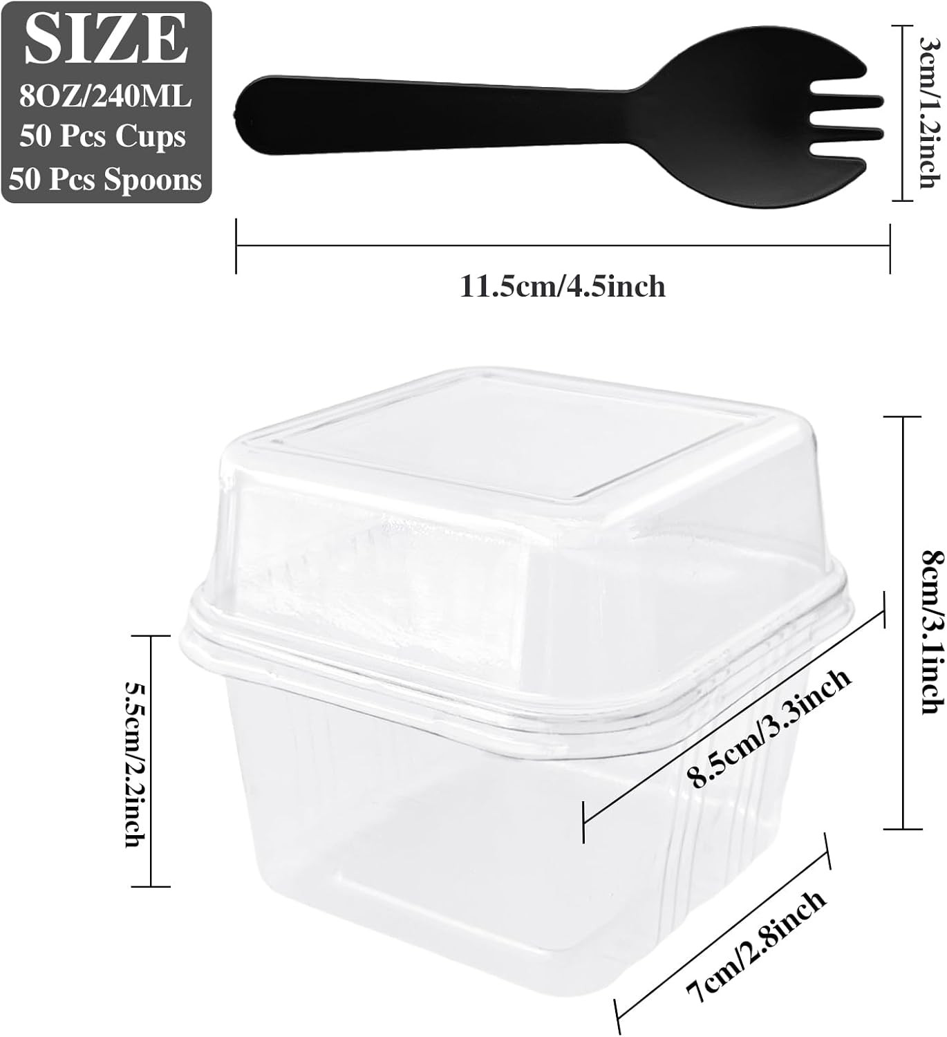 Dessert Cups With Lids Spoons Square Parfait Disposable Containers 50 Pcs 8 OZ