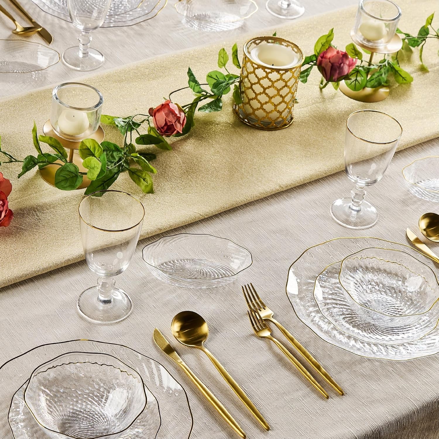 30 Pack Elegant Plastic Plates 7 oz bowls Clear with Gold Rim Spiral Design