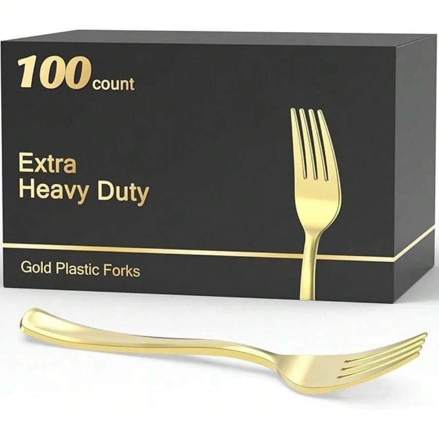 100 Count Heavy Duty Gold Plastic Forks Disposable Heat Resistant