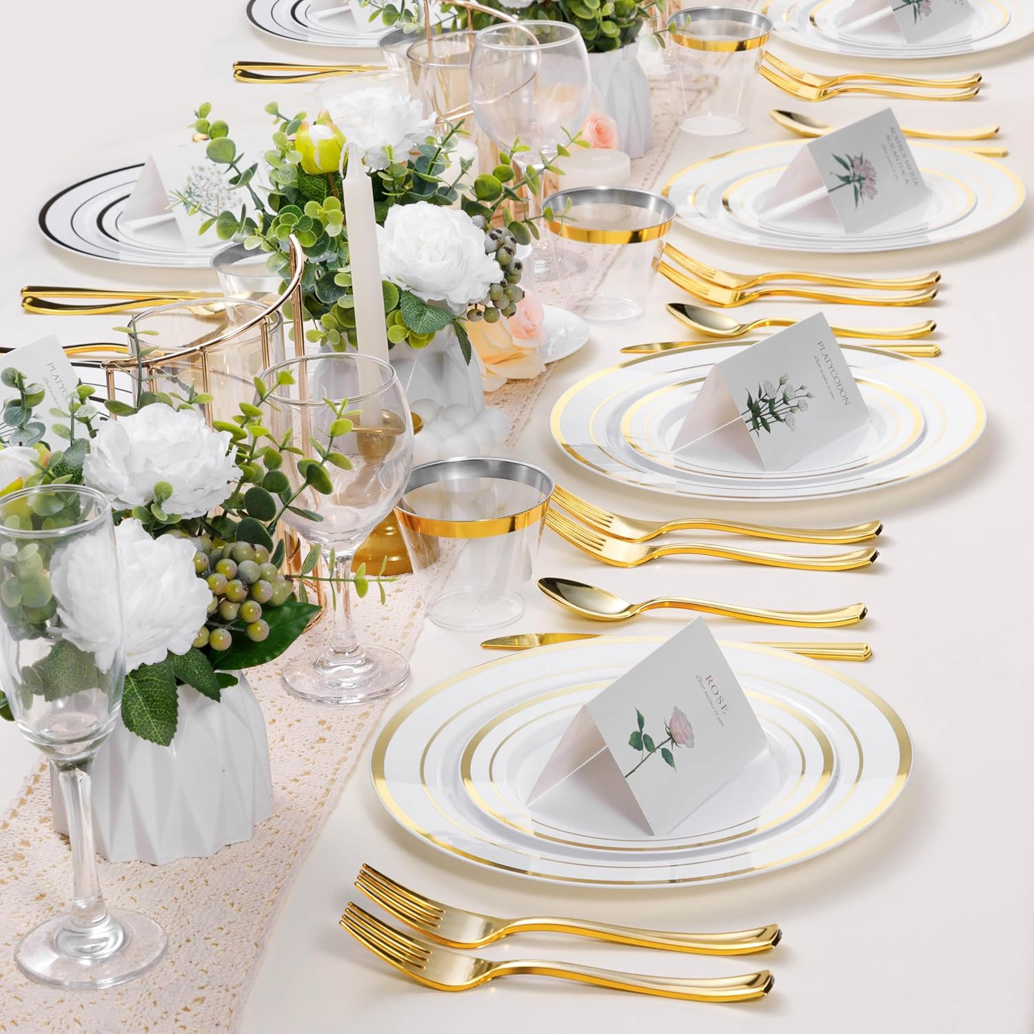 100PCS White Plastic Plates for Party, 10.25 Inch Disposable Plates with Gold Ri