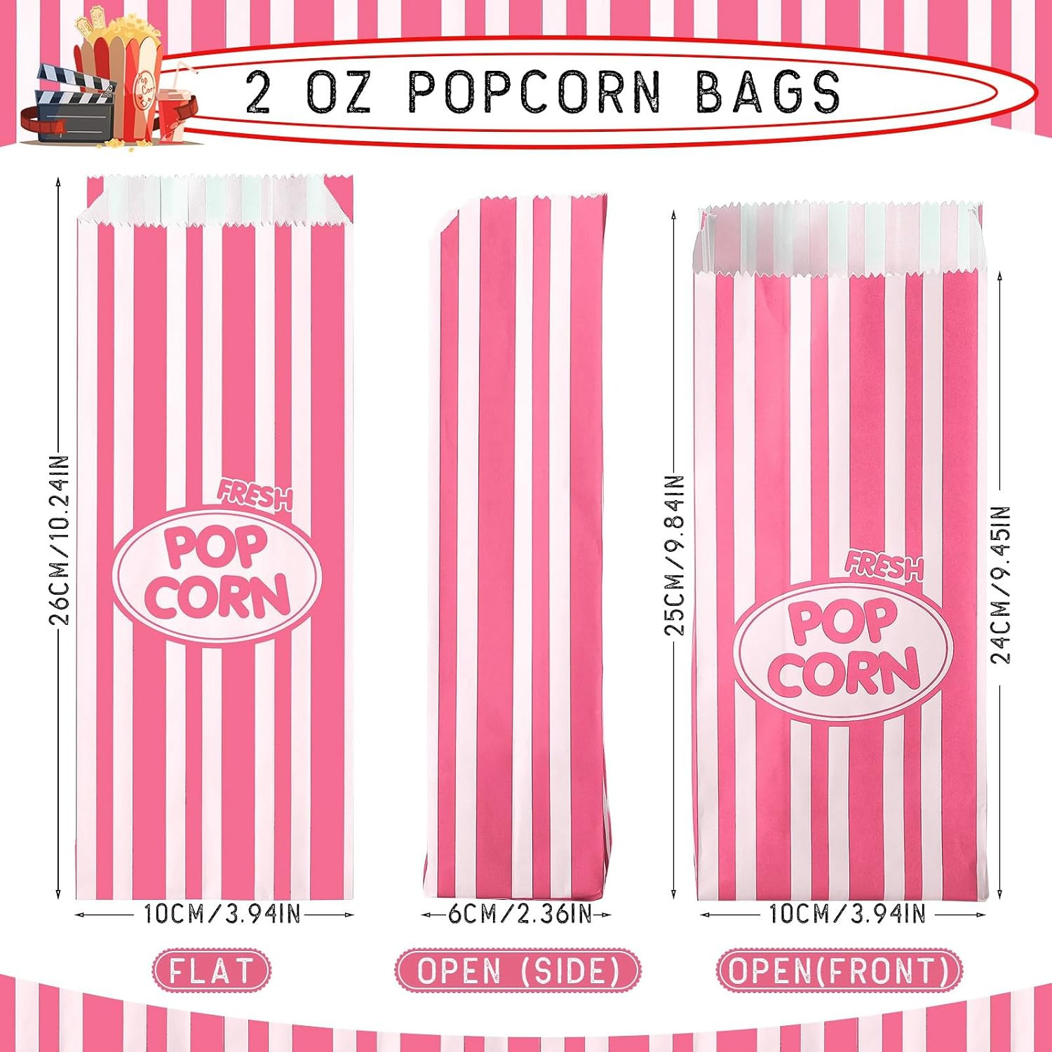 Sherr 1000 Pcs 2Oz Popcorn Bags Bulk Pink Retro Stripes Disposable Popcorn Bags