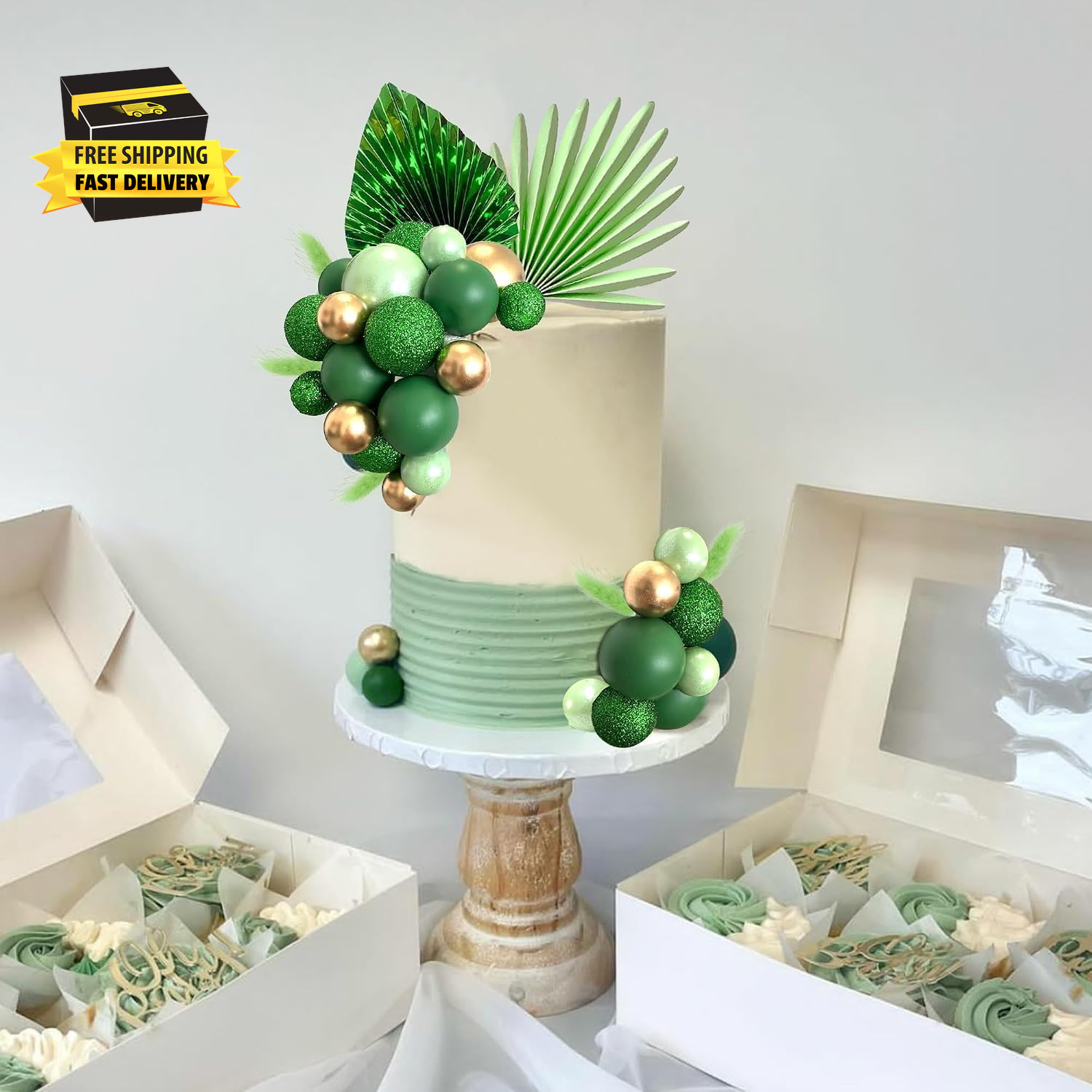 38 PCS Balls Cake Toppers Palm Leaves Cake Decorations for Birthday Wedding Baby