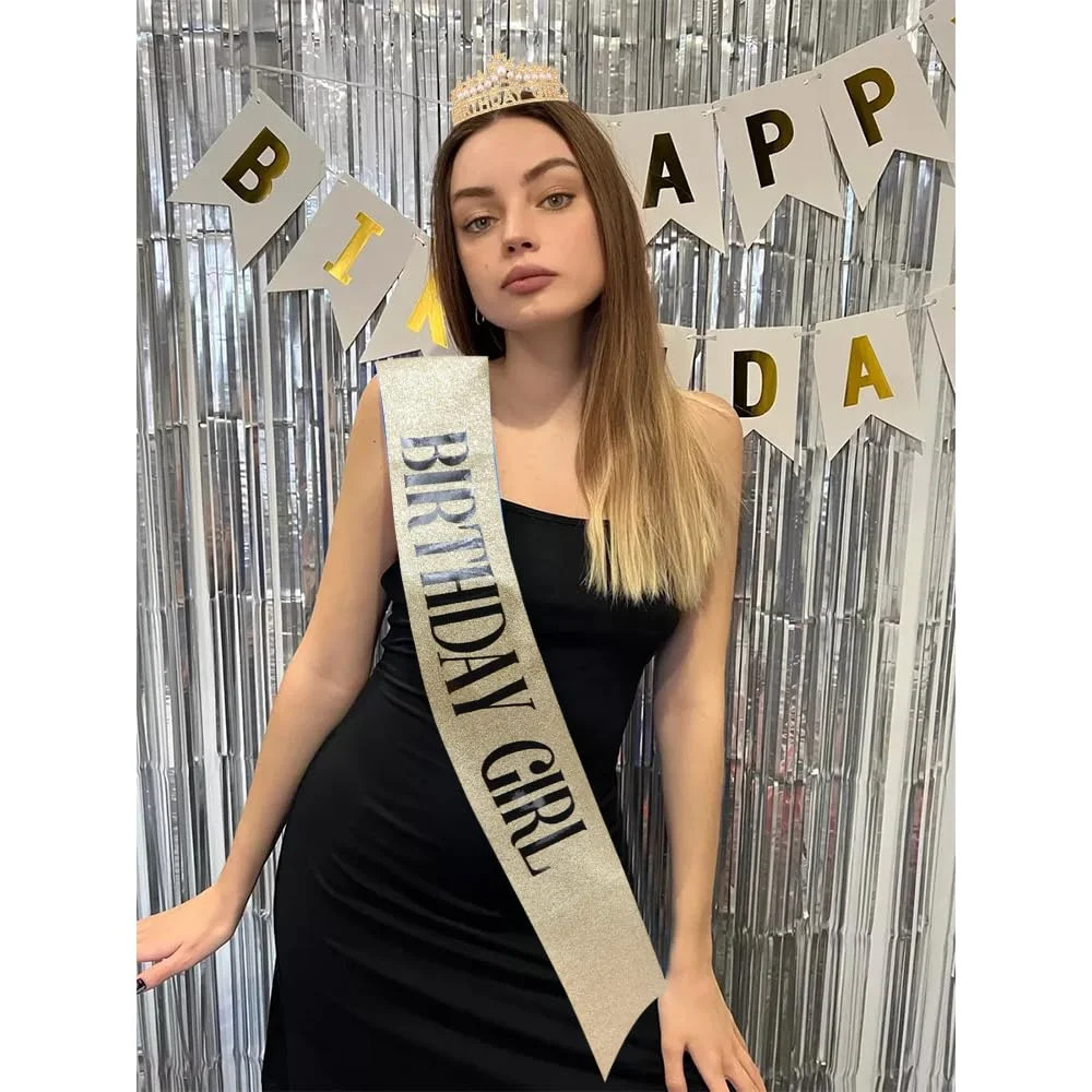Gold Birthday Girl Crown and Sash, Pearl Birthday Tiara, Gold Birthdays Decorati