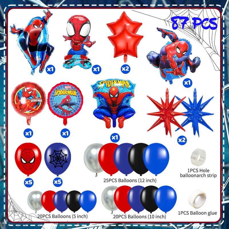 Spider Man Birthday Balloon Arch Kit, 87 Pcs Spider Man Balloon Foil Balloons