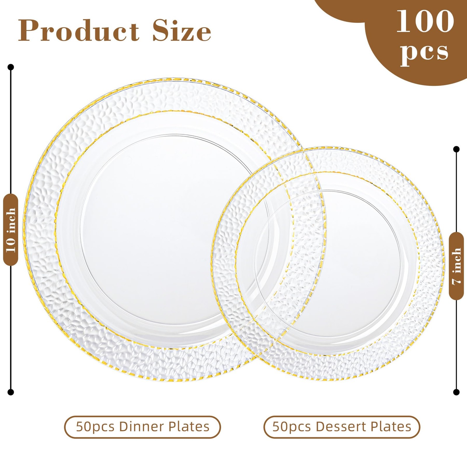 100PCS Clear Plastic Plates, Heavy Duty Disposable Plastic Plate with Gold Ri…