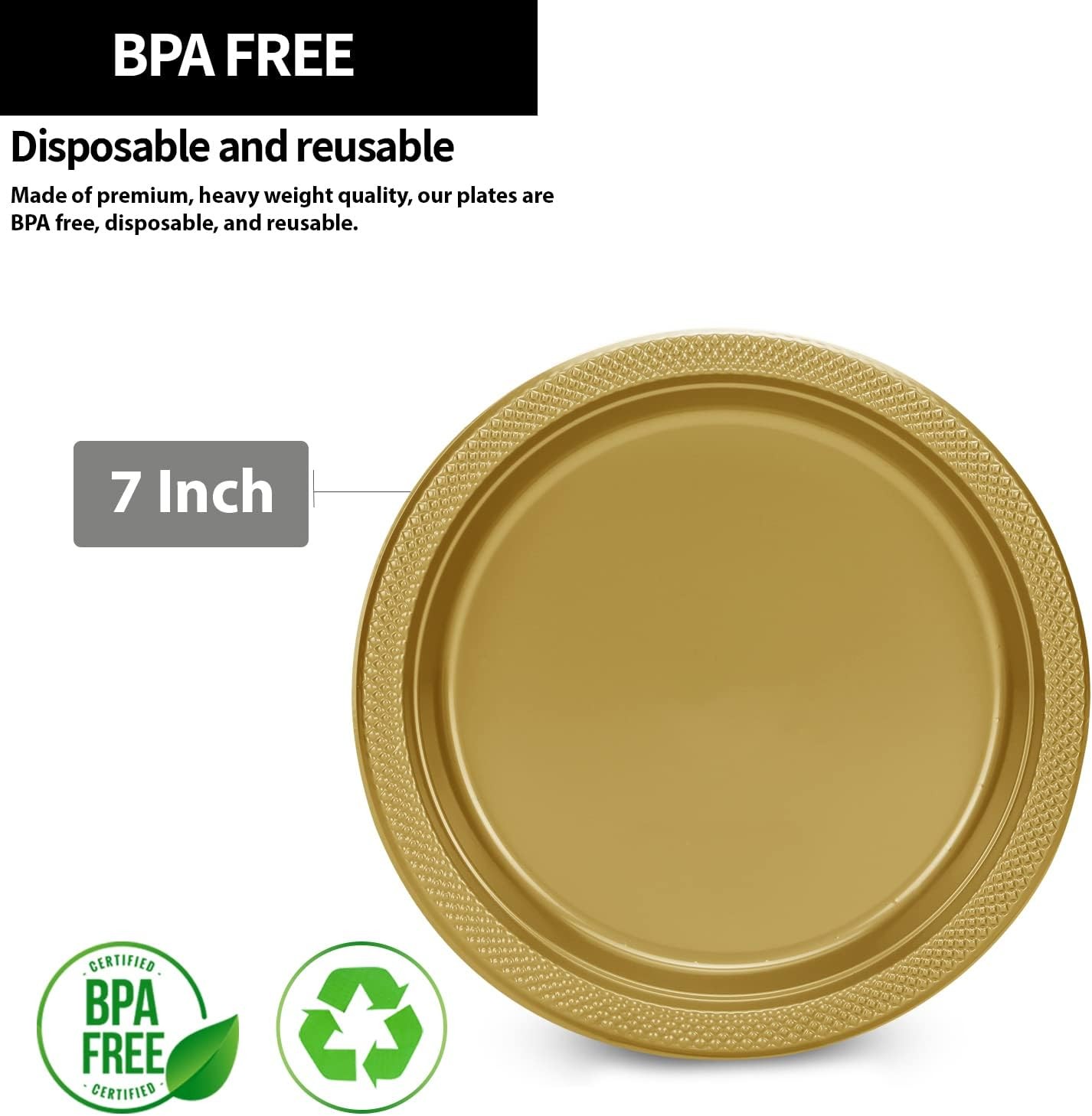 Gold Solid Color Premium Heavy Weight Plastic Appetizer Plate (7″) 50 Count –