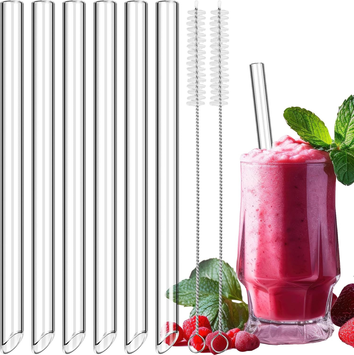 6-Pack 9″ Length Clear Glass Reusable Straws for Boba, Smoothies, 14Mm