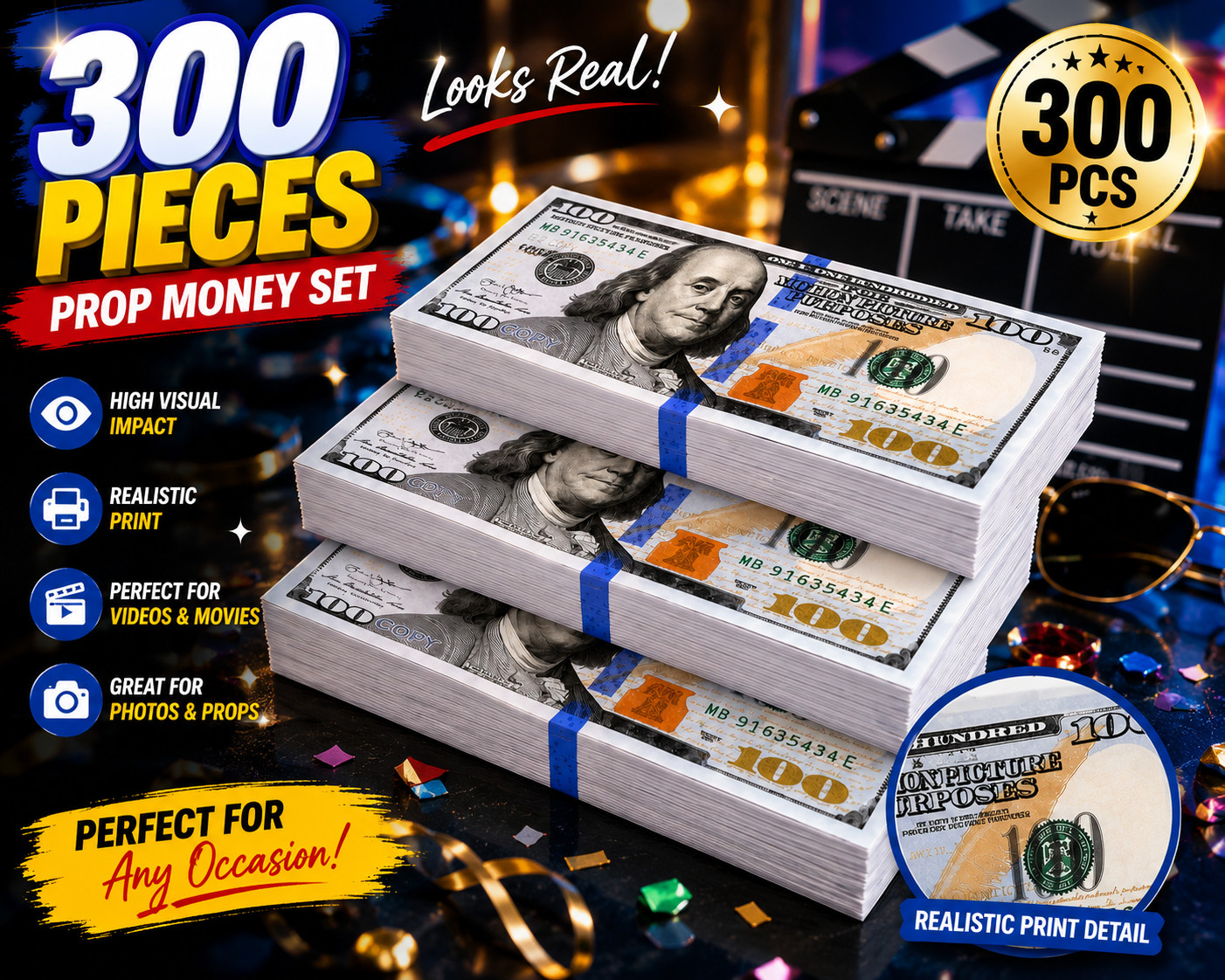 300 PCS Prop Fake Toys Money BANK GAMES CASH PAPER Different DOLLAR BILLS $ US
