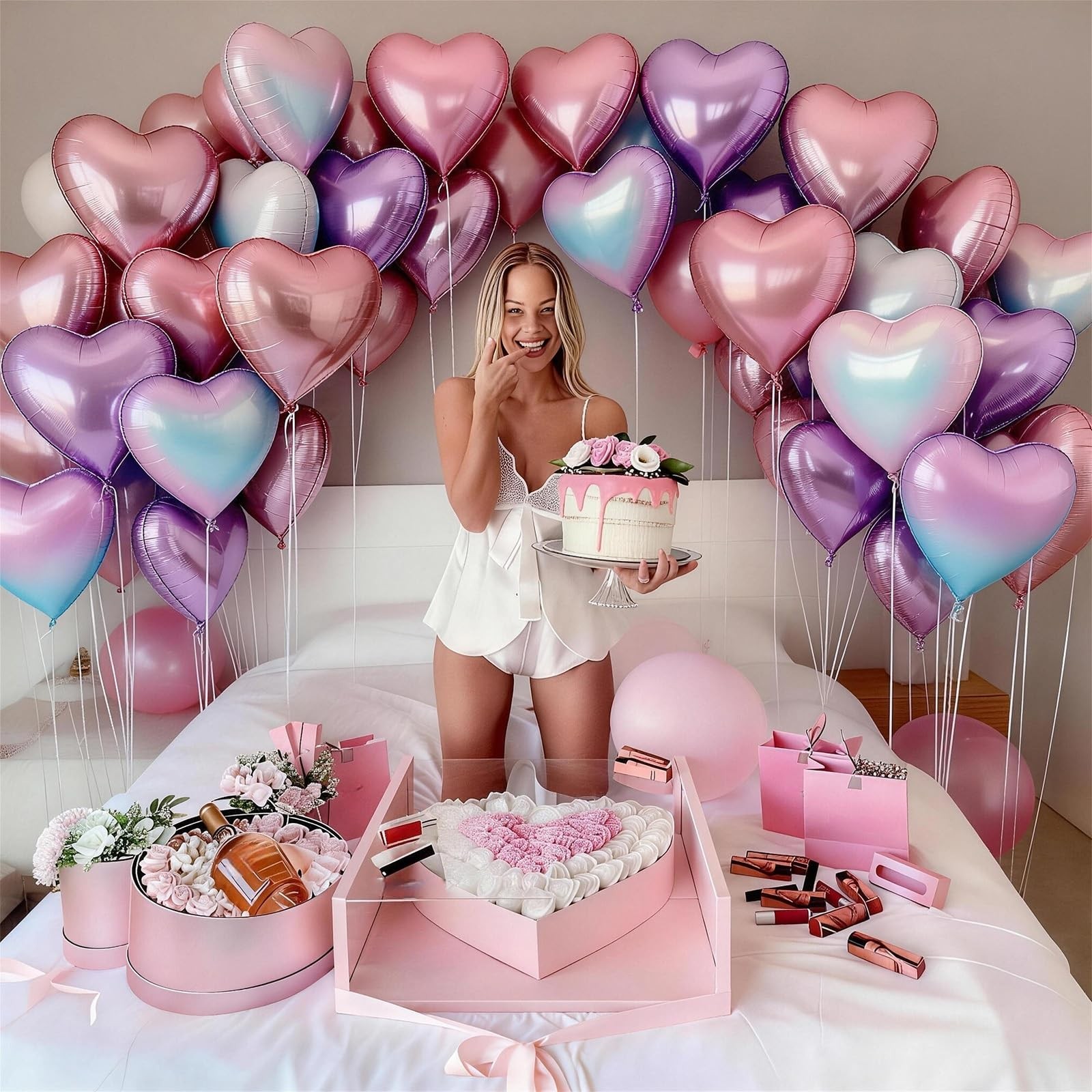Pink Purple Iridescent Heart Balloons, 12 Pcs Light Pastel Pink Lavender and .