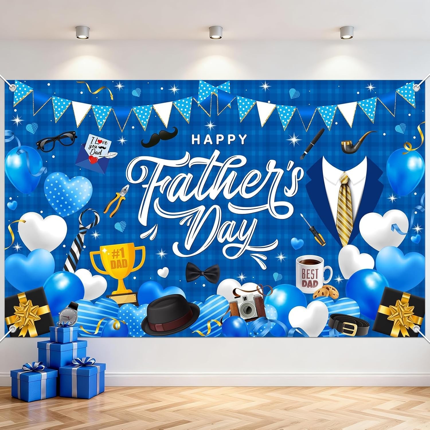 Happy Fathers Day Banner Blue Backdrop Best Dad Party Decor 6×3.6ft Indoor Decor