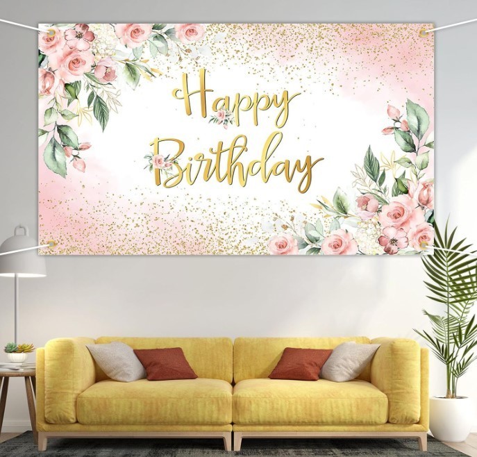 Rose Gold Birthday Backdrop for Women Pink Floral Golden Flash Happy Birthday Pa