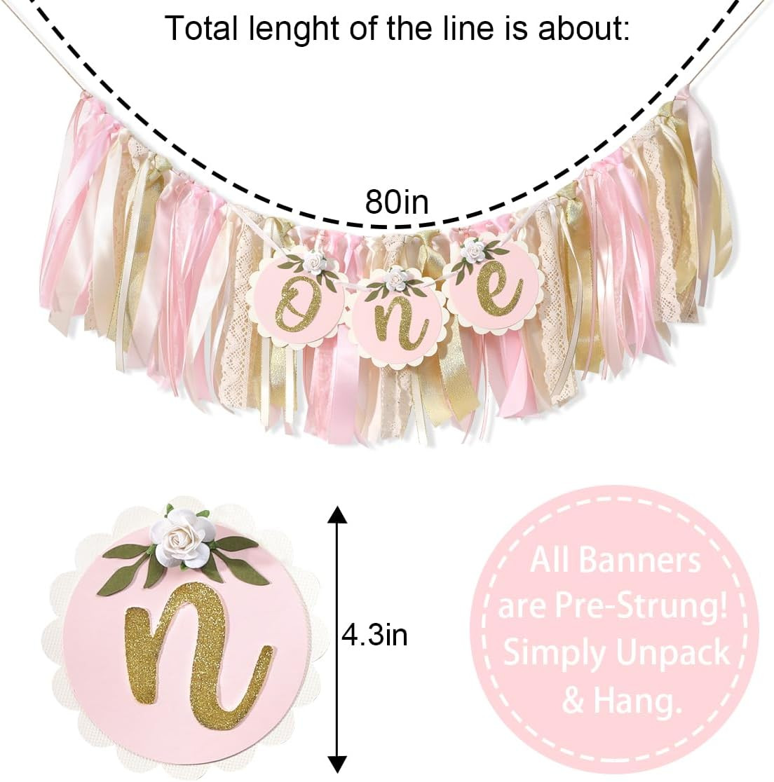 Pink Golden Floral High Chair Banner – Rose 1St Birthday Highchair Banner, Girls