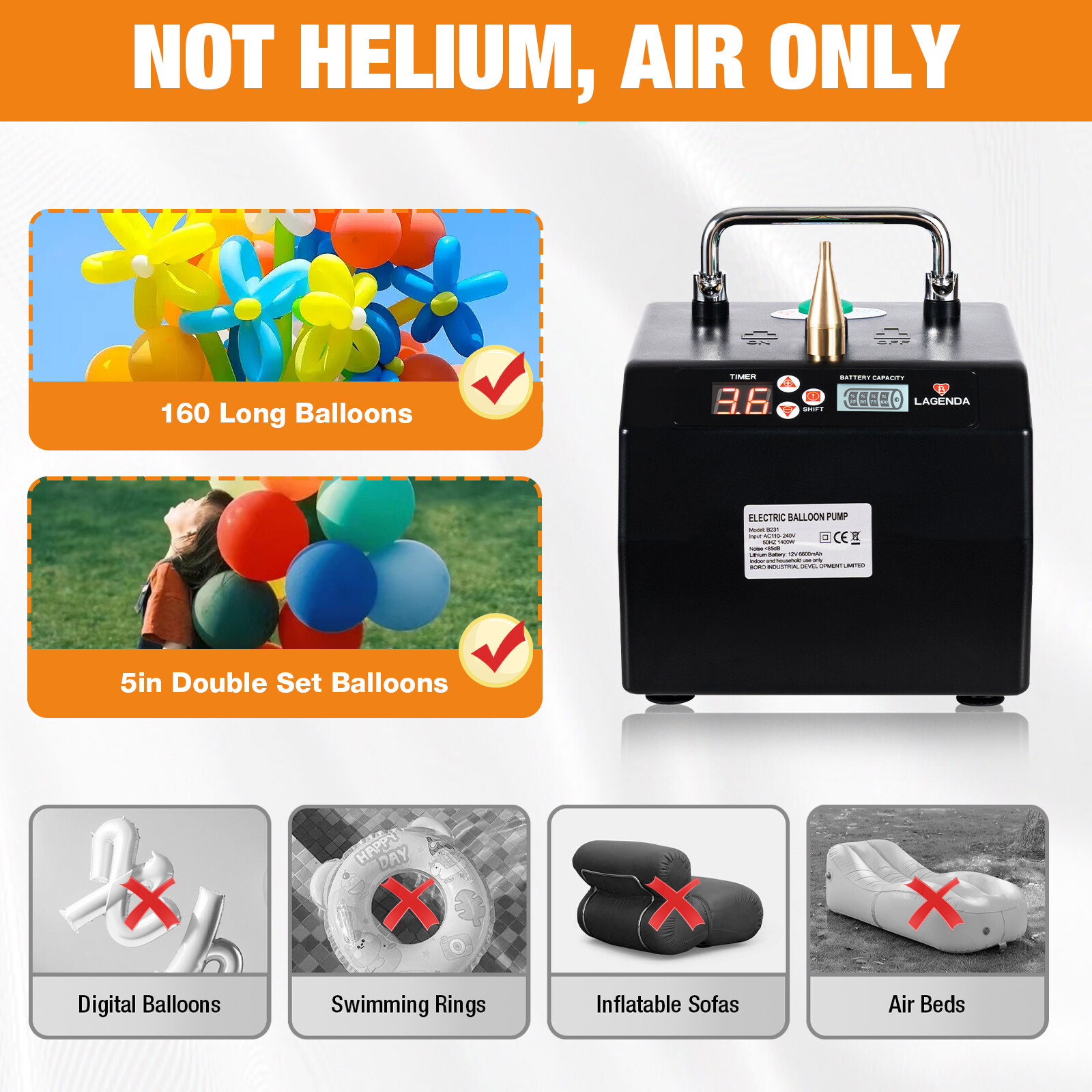 B231 Lagenda Portable Electric Balloon Inflator Balloon Air Blower Balloon Pump
