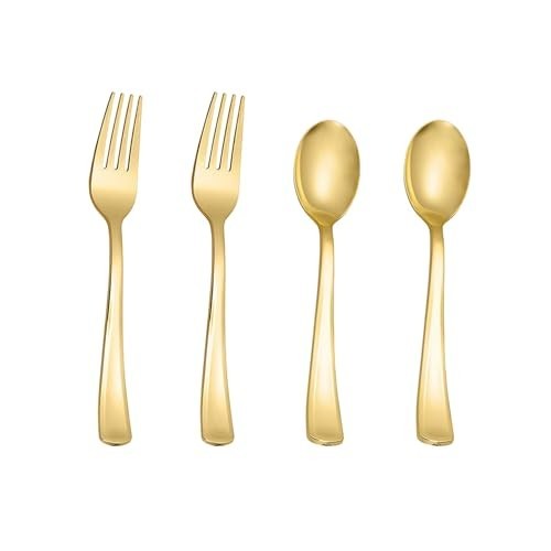 100PCS Heavy Duty Gold Plastic Cutlery Set – 50 Spoons & 50 Forks for Parties, W