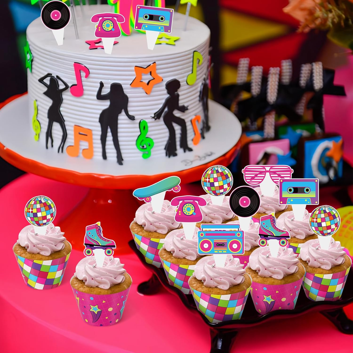 48 Pack Retro Cupcake Toppers and Wrappers, Retro Neon Party Cake Decoration for