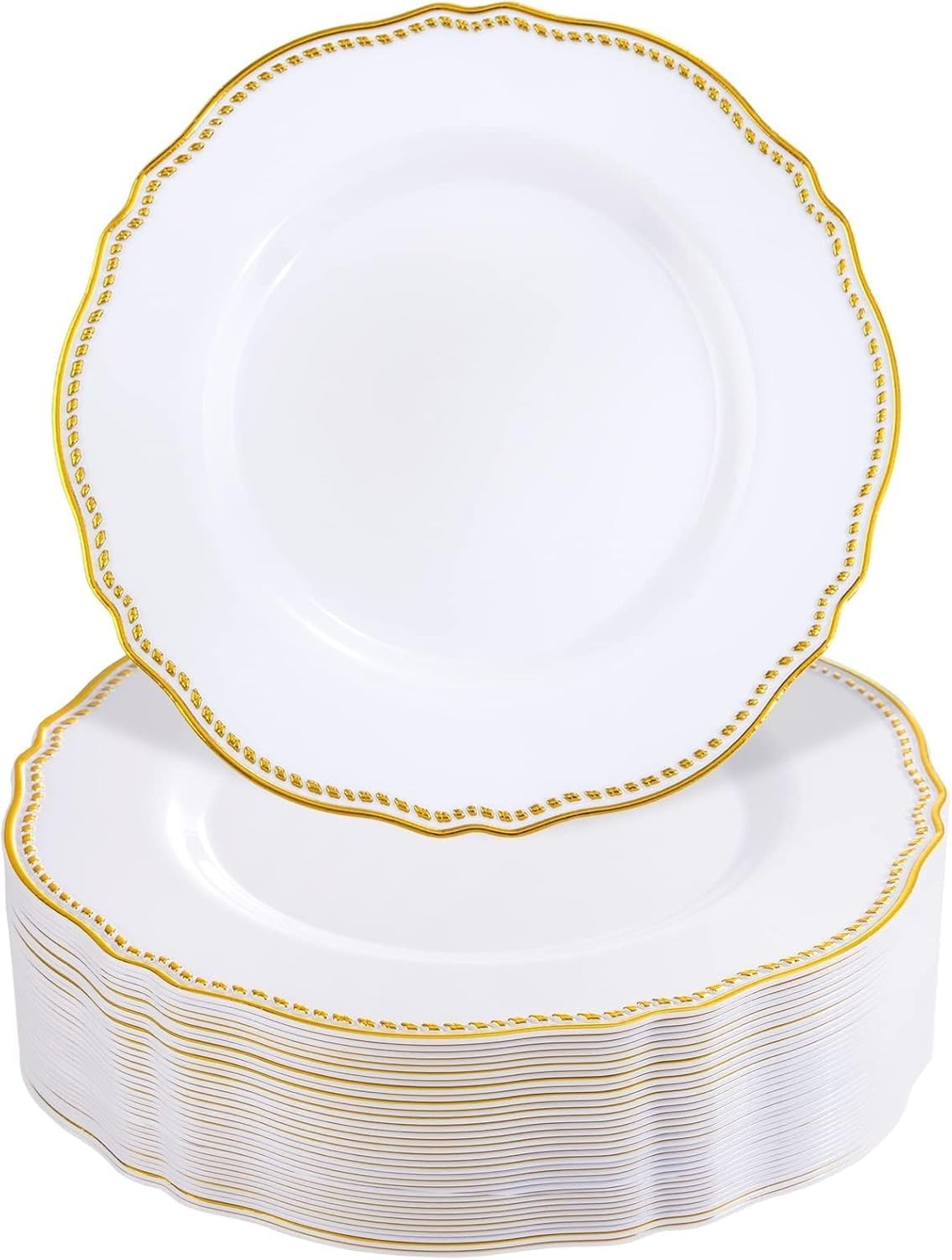 60pcs Gold Plastic Plates – White and Gold Disposable Dinnerware with Gold Ri…