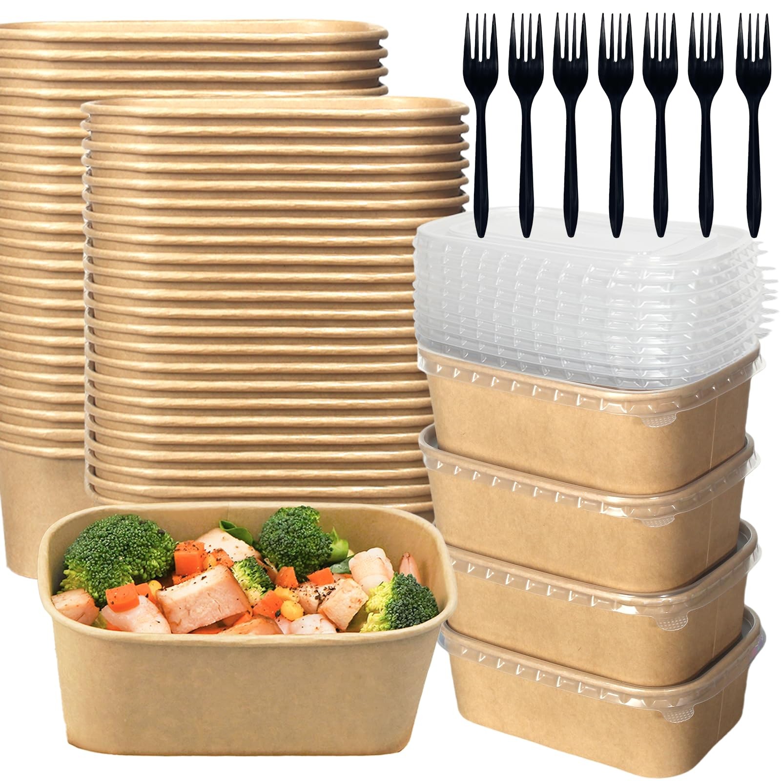 50 Pack 25oz Kraft Paper Square Bowls, Disposable Take Out Containers with Li…