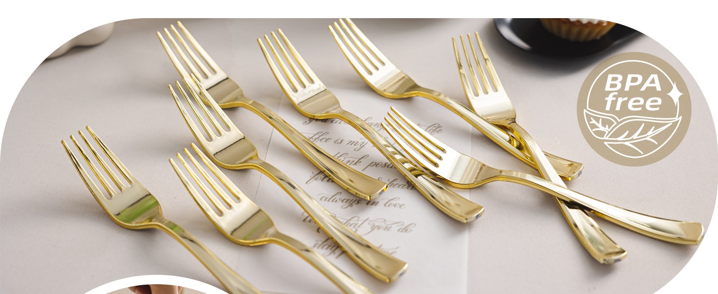 180PCS Gold Plastic Forks, Solid, Durable and Heavy Duty Plastic Forks,