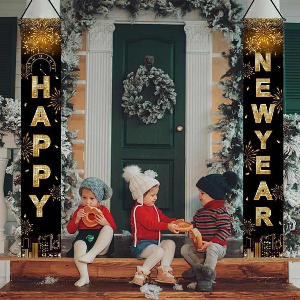 Happy New Year Black Gold Decorations – Front Porch Hang Door Banners, New Year
