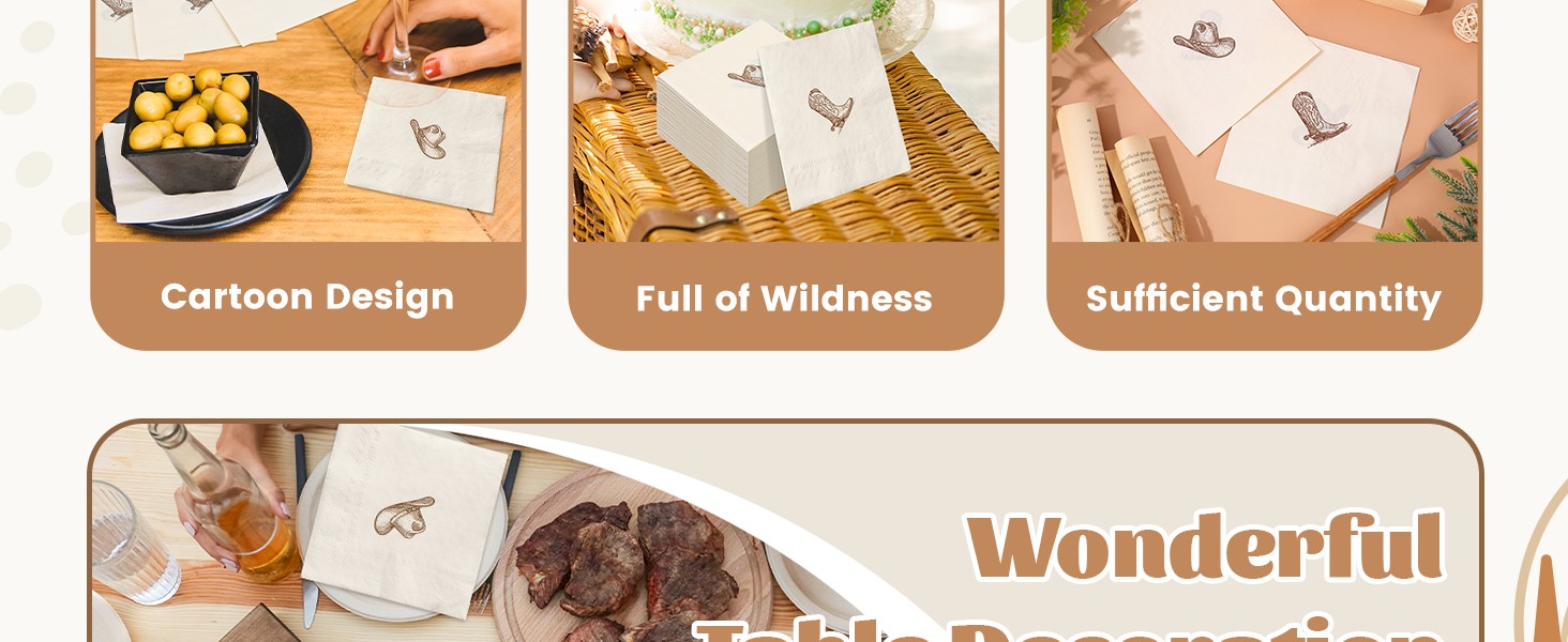 50Pcs Western Cowboy Cocktail Napkins, Brown Boot & Hat | Cowgirl Beverage