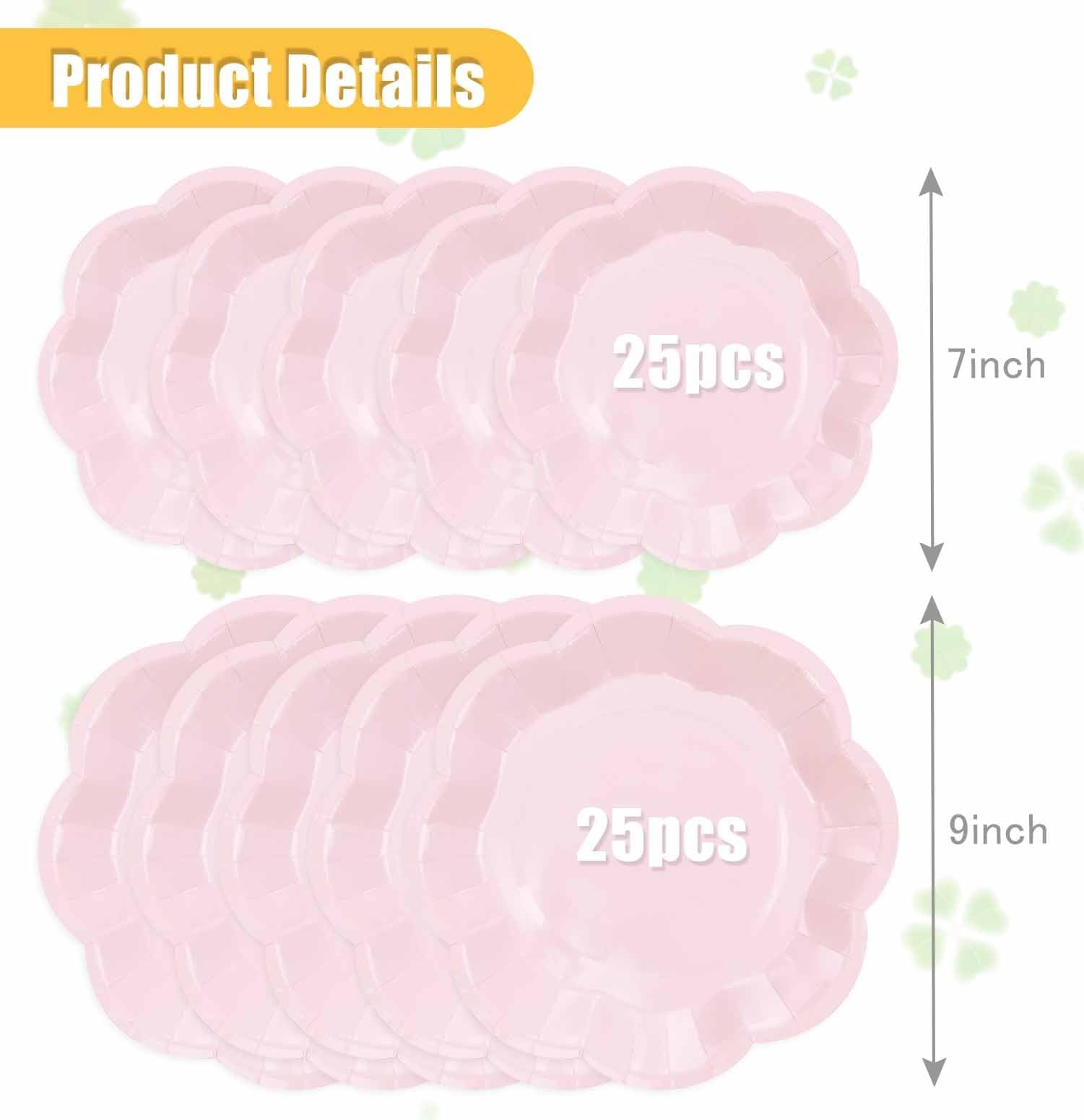 50 PCS Light Pink Scalloped Paper Plates 25 x 7” and 25 x 9” Baby Pink Dess…