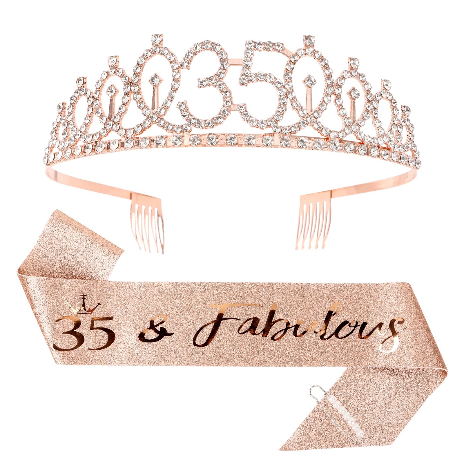 35th Birthday Crown & Sash Set + Tiara, Fabulous 35th Decorations & Gifts
