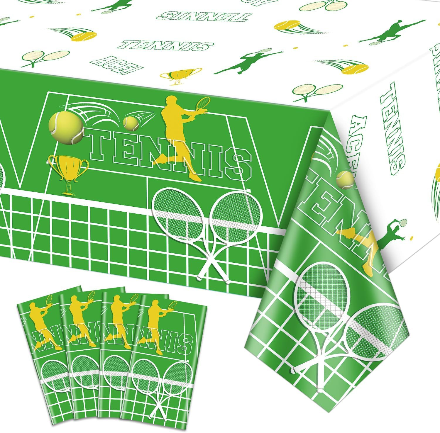 4 Pack Tennis Theme Birthday Table Cover, 51X87” Plastic Disposable Rectangle T