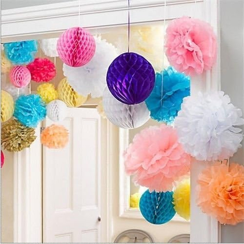 10Pcs White Tissue Hanging Paper Pom-Poms, Flower Ball Wedding Party Outdoor De