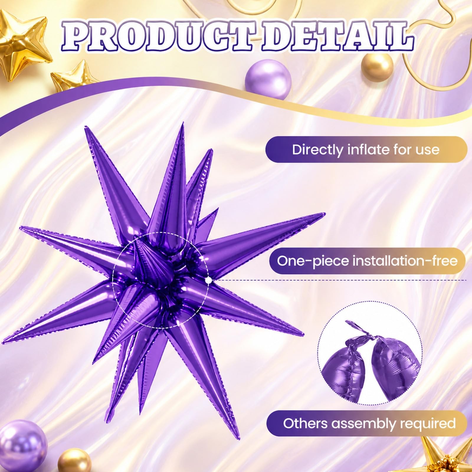 Purple Gold Star Foil Balloons, 10PCS 22Inch Large Purple Gold Spike Cone Sta…