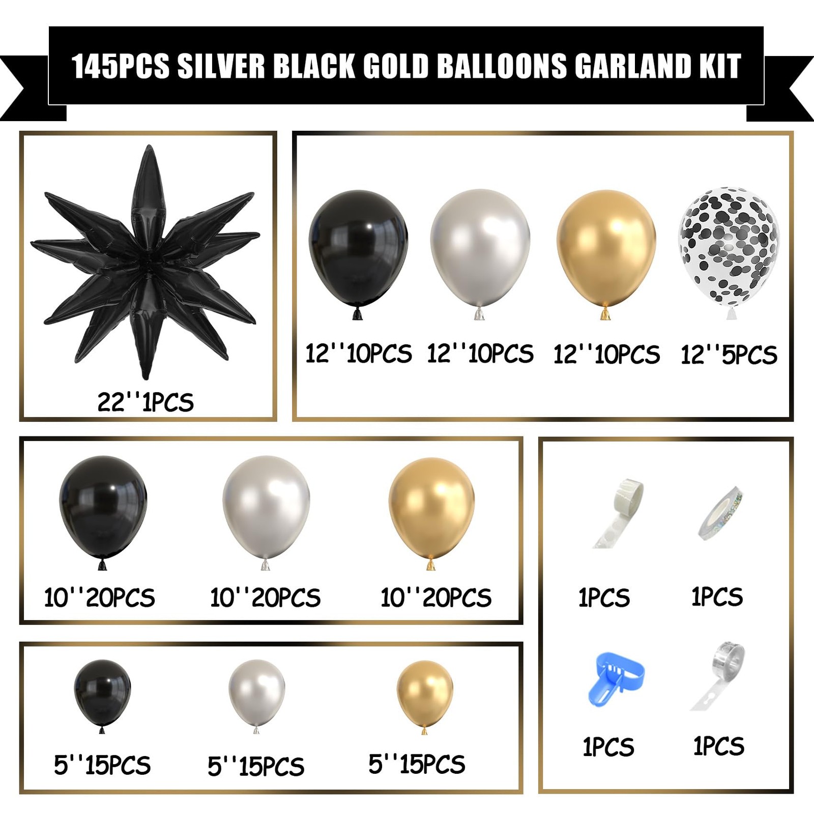 Black and Gold Balloons Arch Kit for Graduation Party Decorations, 145Pcs Bla…