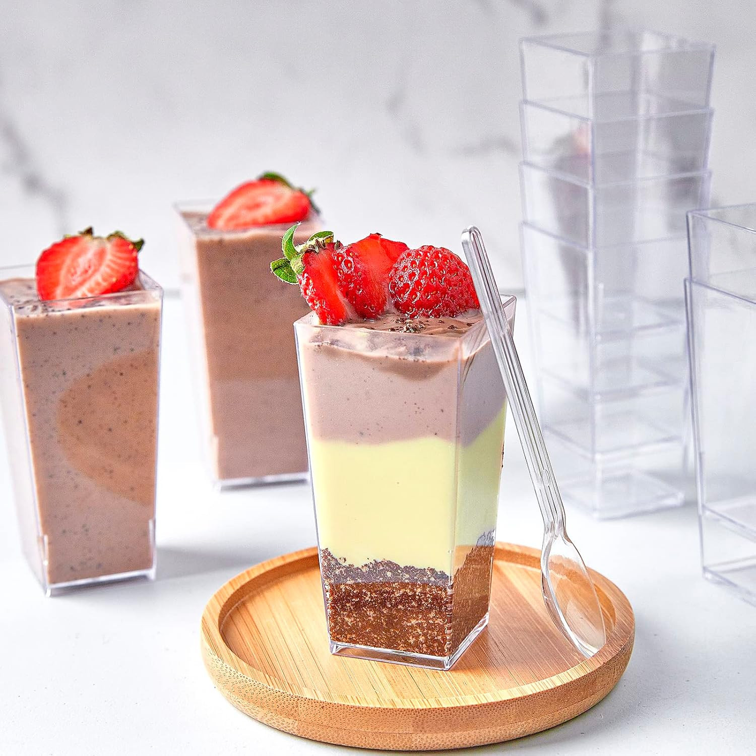 50 Pack 3 Oz Square Mini Dessert Cups with Spoons Clear Plastic Dessert Shooter