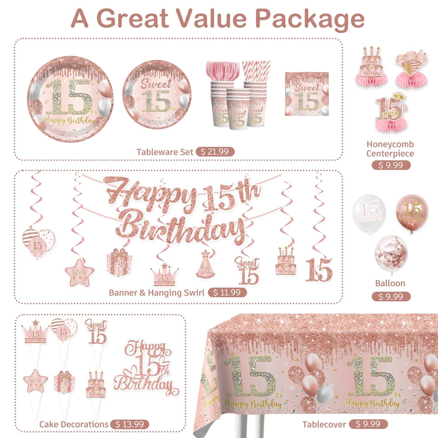 181pcs 15th Birthday Decorations for Girls, Serves 25 Guests, 15 birthday dec…