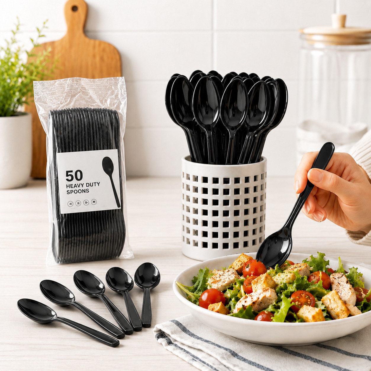 50 Pack Reusable Black Plastic Spoons Heavy Duty Party Catering Cutlery