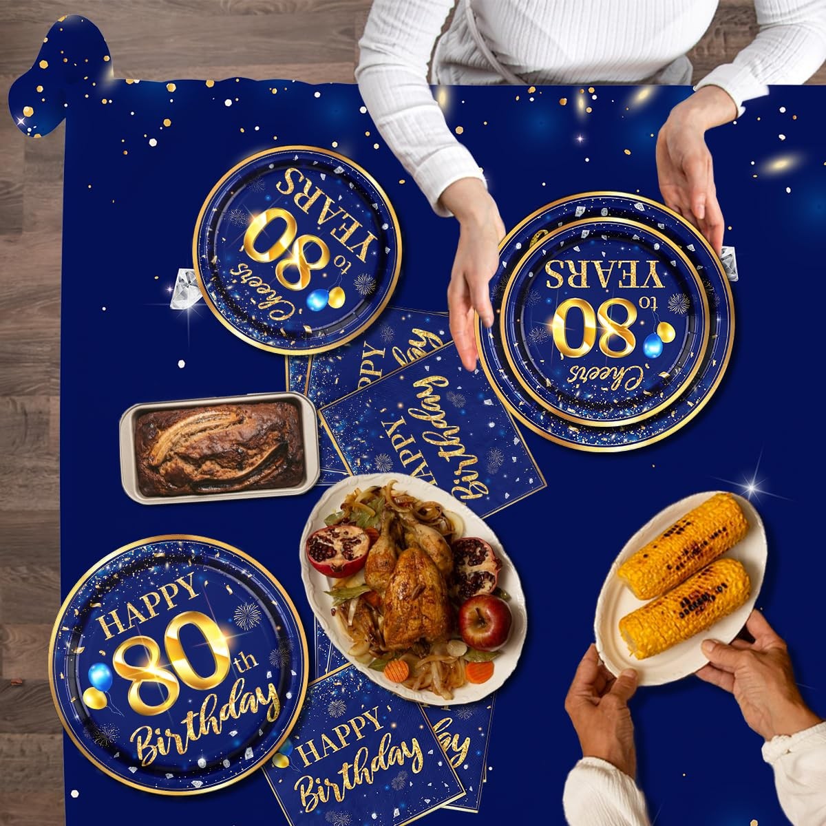 80th Birthday Decoration Men-142pcs Navy Blue and Gold Birthday Tableware Set…