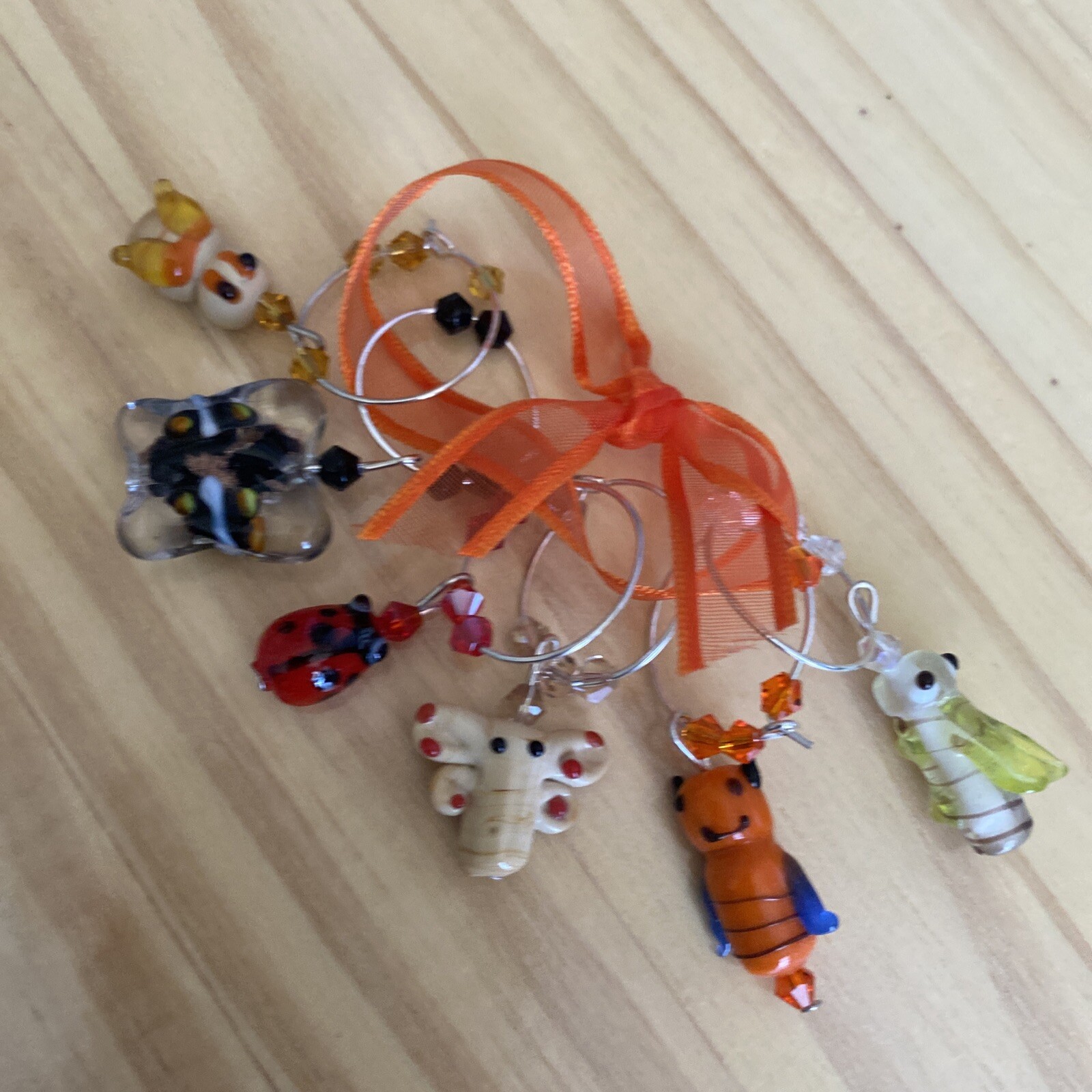 FUN BUTTERFLY LADYBUG GRASSHOPPER ETC. WINE GLASS CHARM RINGS SET OF 6