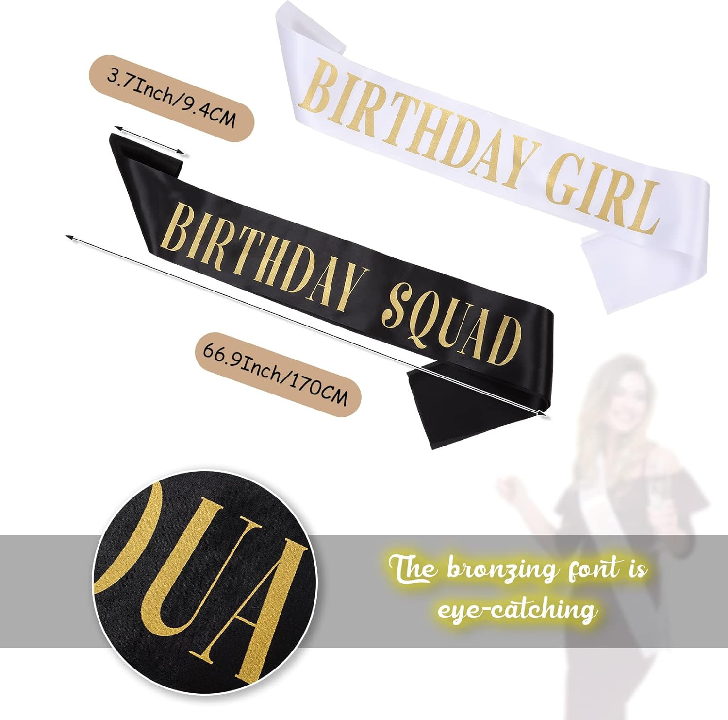 Weewooday 10 Pieces Birthday Squad Sash Set 9 Black and Gold Birthday Group Sash