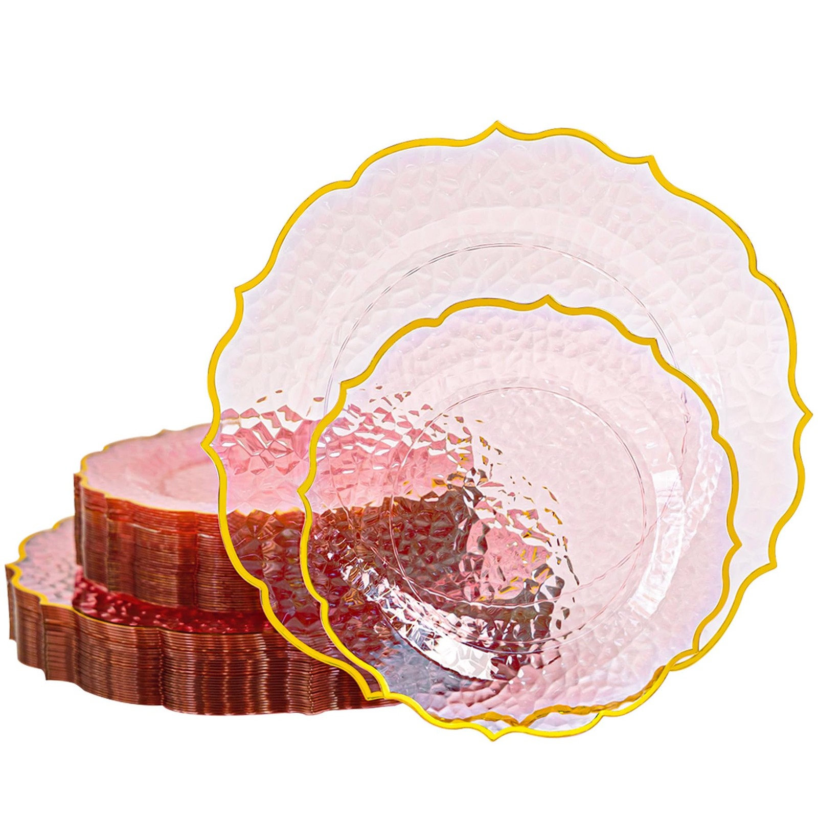 N9R 120 Clear and Pink Plastic Plates with Gold Rim, Stone Texture, Include 1…