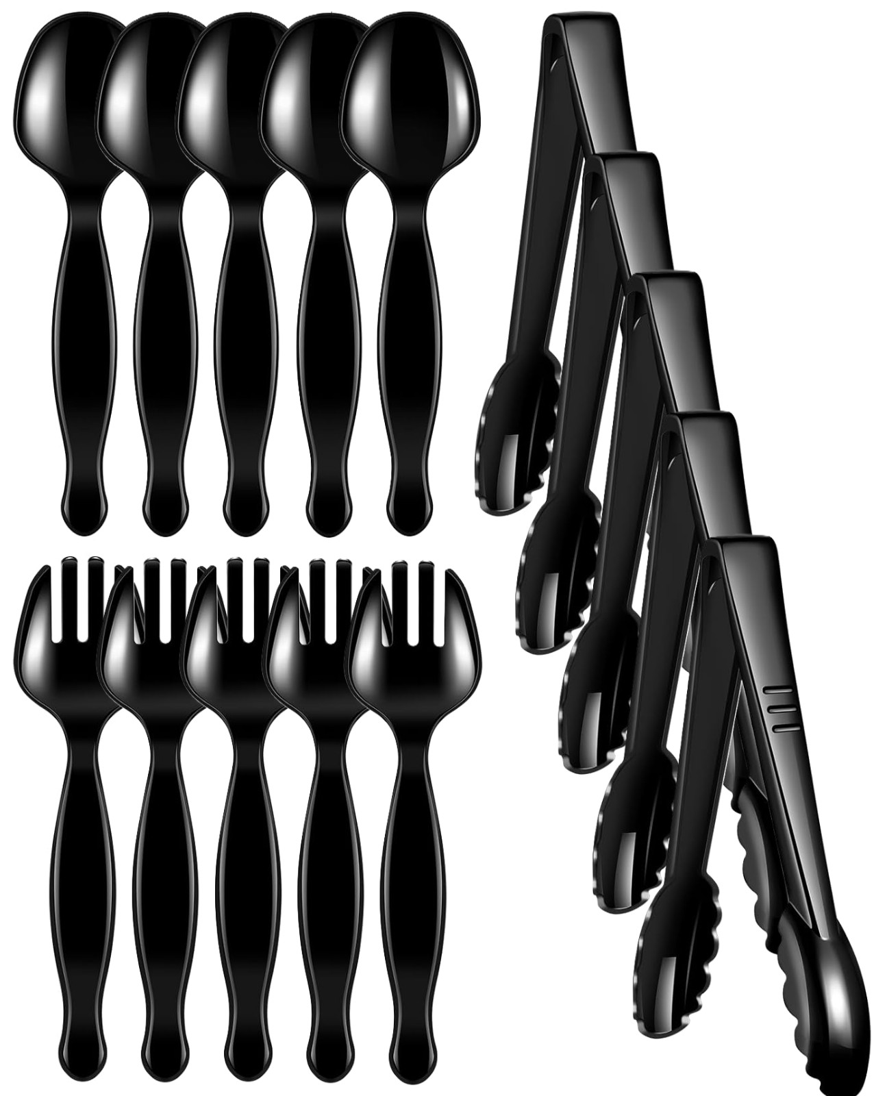 15 Pcs Disposable Black Plastic Serving Utensils, 5 Spoons, 5 Forks, and 5 Tongs