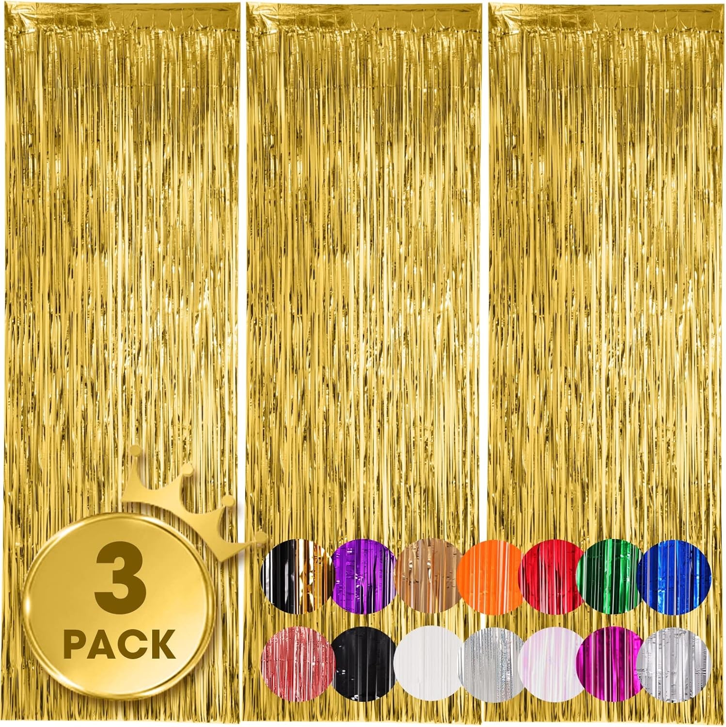 3 Pack 3.3×8.2 Feet Gold Foil Fringe Backdrop Curtains, Tinsel Streamers, Fringe