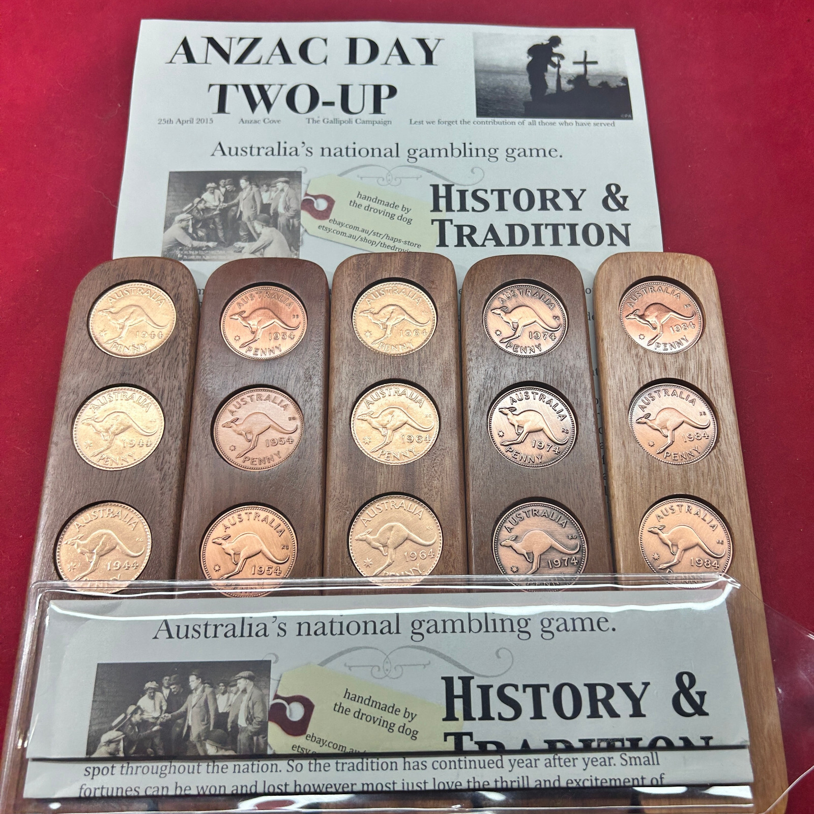 70th Birthday Gift Present Hardwood Two-Up Game 1954 Australian pennies two up