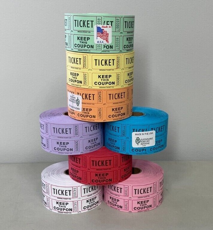 Raffle Tickets Roll of 1000 Double Stub 50/50 Split the Pot Fund Raiser