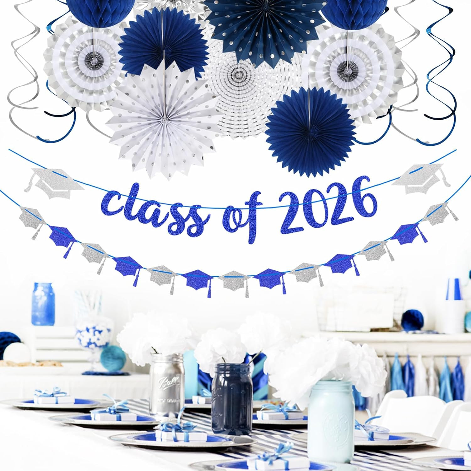 Navy Blue Silver Graduation Decorations Kit Banner Fans Streamers Party Supplies