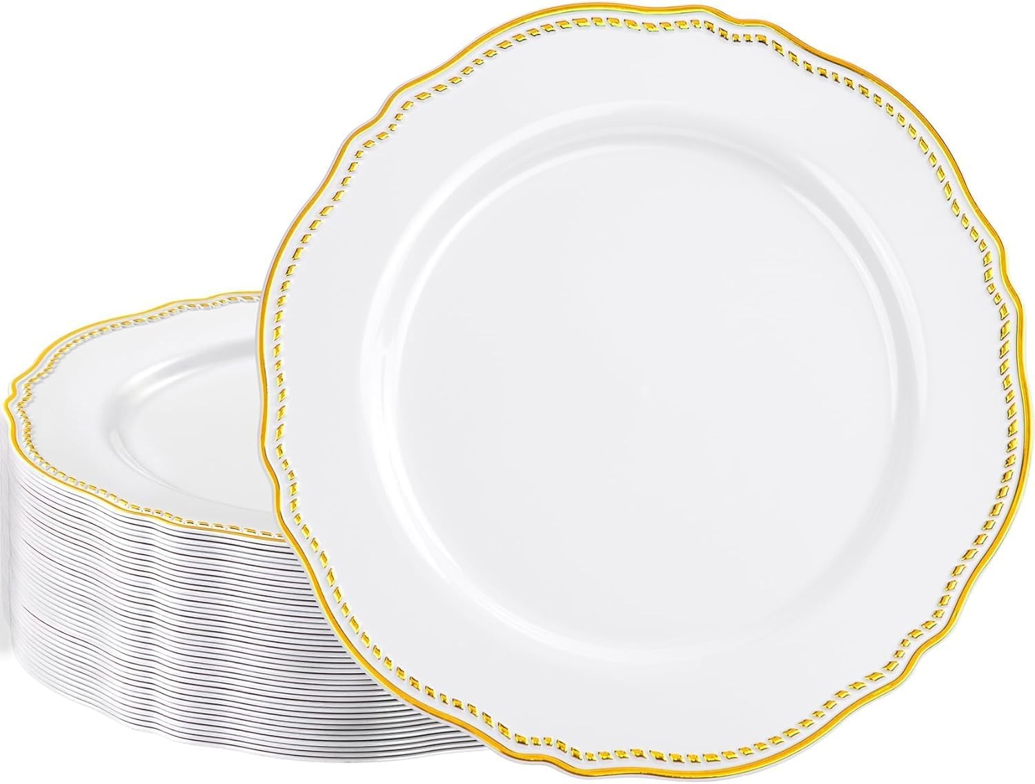 60pcs Gold Plastic Plates – White and Gold Disposable Dinnerware with Gold Ri…