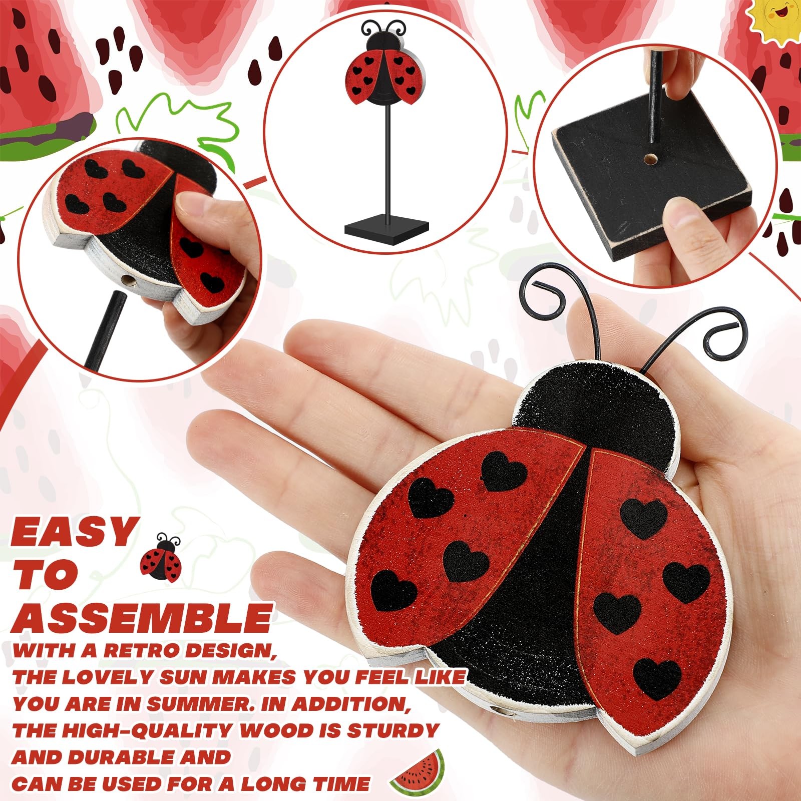 3 Pcs Summer Watermelon Ladybug Wooden Table Sign Vertical Wooden Table Top Home