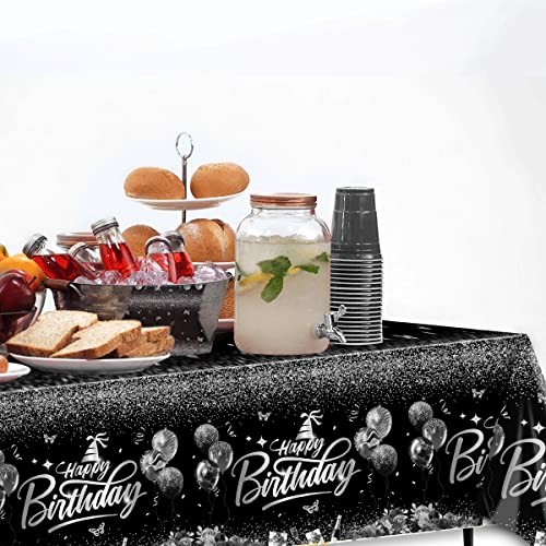 Happy Birthday Decorations-3pcs Birthday Tablecloth,Rectangle Sliver and Black