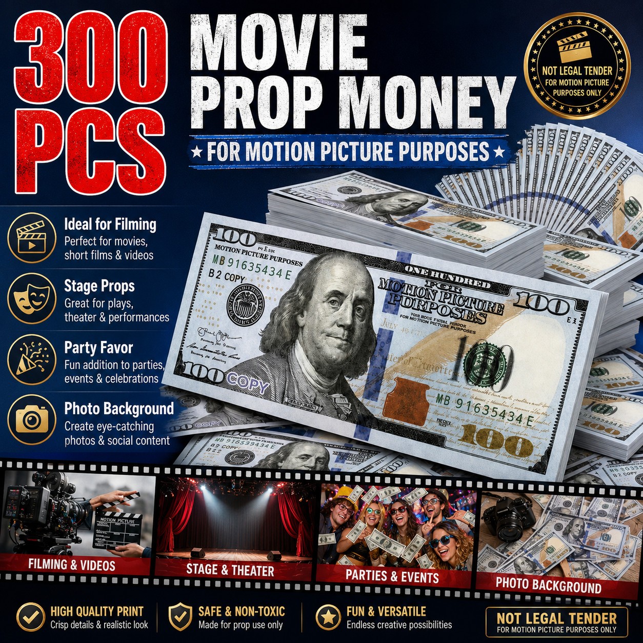 300 PCS Motion Picture Use Props Money for Party Video Photo Booth Props