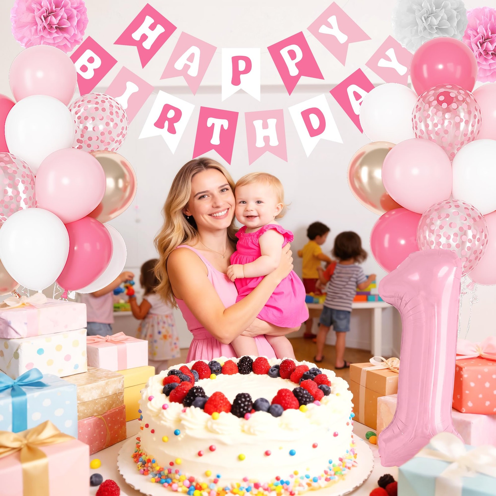 1st Birthday Decorations for Girls, 40 Inch Number 1 Balloon Pastel White Pink
